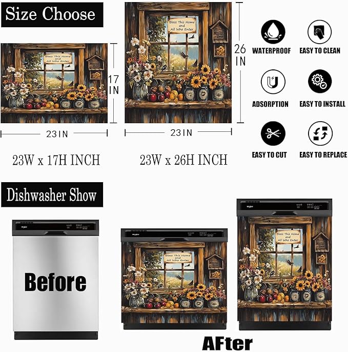 Windowsill Birds and Flowers Dishwasher Magnet Cover, Springtime Reuseable Refrigerator Magnet Cover Retro Wooden Windows Magnetic Dishwasher Decal (23 x 17 Inches)