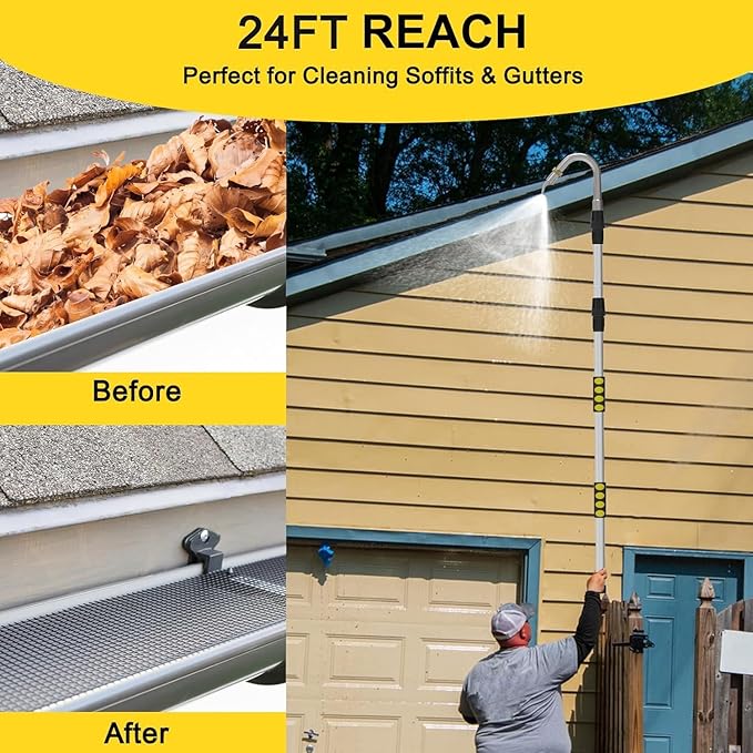 24FT Reach Gutter Cleaning Tools from Ground, Telescopic Rain Gutter Cleaners Tool with Quick Connect Adapter and Heavy Duty Wand for 2nd Story House