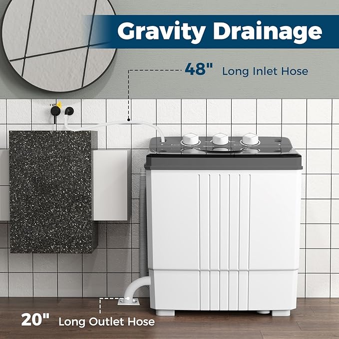 COSTWAY Portable Washing Machine, Twin Tub 20Lbs Capacity, Compact Laundry Washer(12Lbs) and Spinner(8Lbs), Durable Design for Apartment Dorm RV, Grey+White