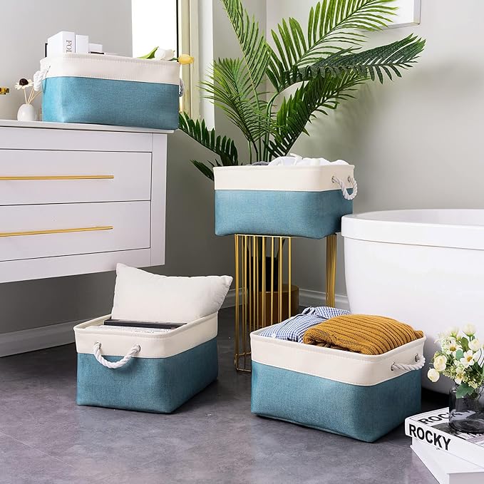 TheWarmHome Fabric Storage Bin with Handles,Storage Basket for Home Storage and Organization, Shelf Basket with Cover for Living Room Bedroom Closet???White & Green Large,15.7L*11.8W*8.3H