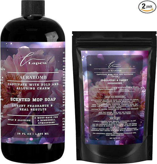 Lapew Aurabomb Scented Cleaning Bundle | Carpet Deodorizer Powder (16 oz) & Mop Soap Concentrate (36 oz) | Pet-Friendly Odor Eliminator