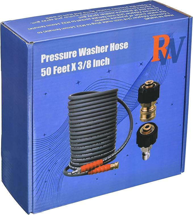 RIDGE WASHER Pressure Washer Hose 50 Feet X 3/8 Inch for Hot and Cold Water, with M22 14 mm to 3/8 Inch Quick Connect, 4000 PSI