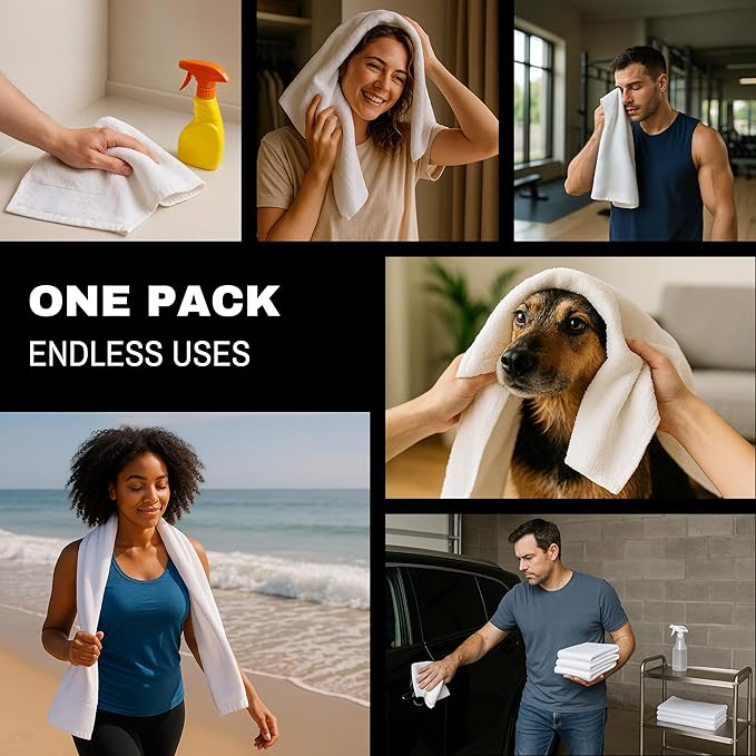 JMR White Bath Towels Bulk Pack of 12 (24x48) - 100% Cotton Lightweight & Quick-Dry Cotton Towels for Hotel, Rental Properties, Gym & Commercial Use