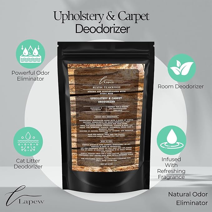 Lapew Rustic Teakwood Scented Cleaning Bundle | Carpet Deodorizer Powder (16 oz) & Mop Soap Concentrate (36 oz) | Pet-Friendly Odor Eliminator