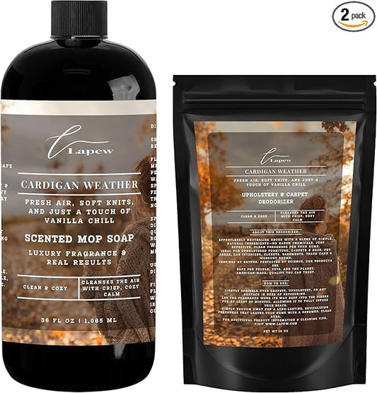 Lapew Cardigan Weather Scented Cleaning Bundle | Carpet Deodorizer Powder (16 oz) & Mop Soap Concentrate (36 oz) | Pet-Friendly Odor Eliminator