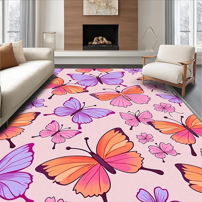 Flatwoven High Traffic Area Rug 8x10, Watercolor Garden Shower Curtain with Matching Bath Accessories, Non Slip, Stain Resistant, Washable Area Rugs for Living Room, Bedroom (Pink, 8x10)
