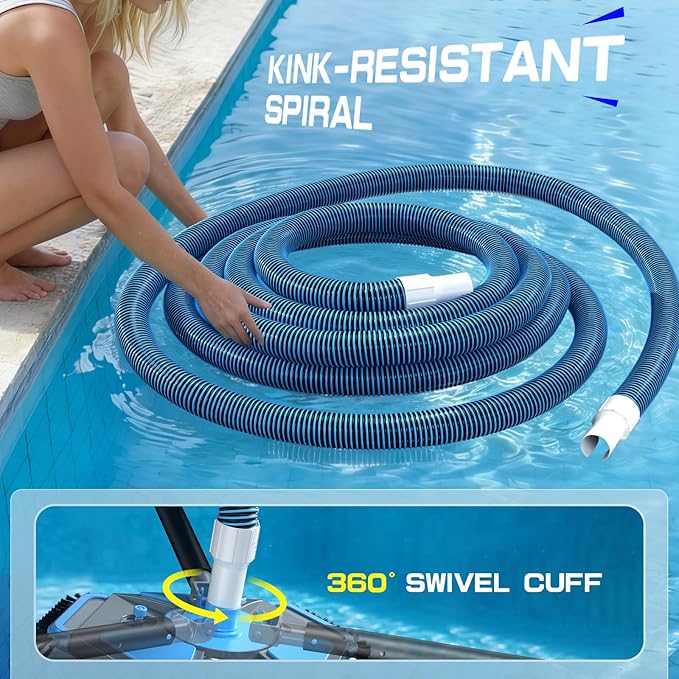 UIRWAY Upgrade Pool Vacuum Head with Side Brush & 360° Swivel Cuff, Heavy Duty Manual Kink-Resistant 1-1/2" x 30 Ft Vacuum Hoses, Weighted Triangular Shape for Inground & Above Ground Pool(No Pole)
