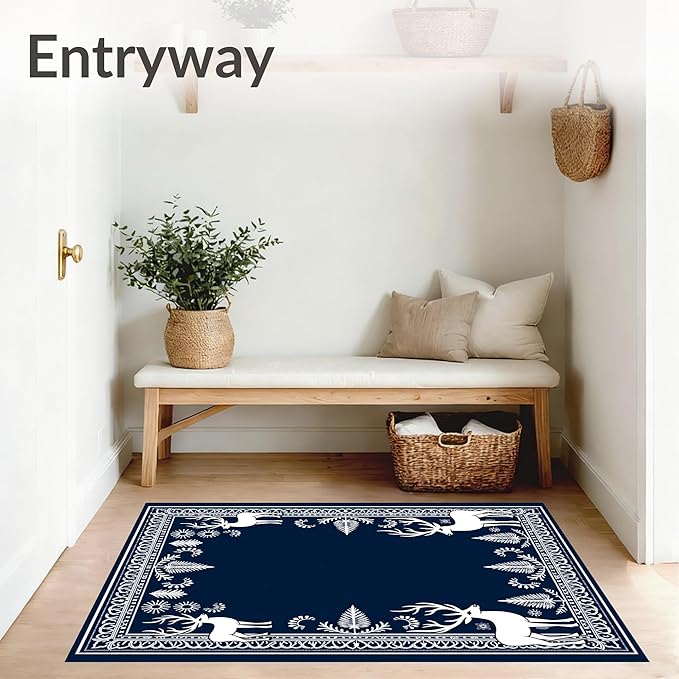 Flatwoven High Traffic Area Rug 4x6, Enchanted Forest December Shower Curtain Full Restroom Kit, Non Slip, Stain Resistant, Washable Area Rugs for Living Room, Bedroom (Blue, 4x6, Pad)