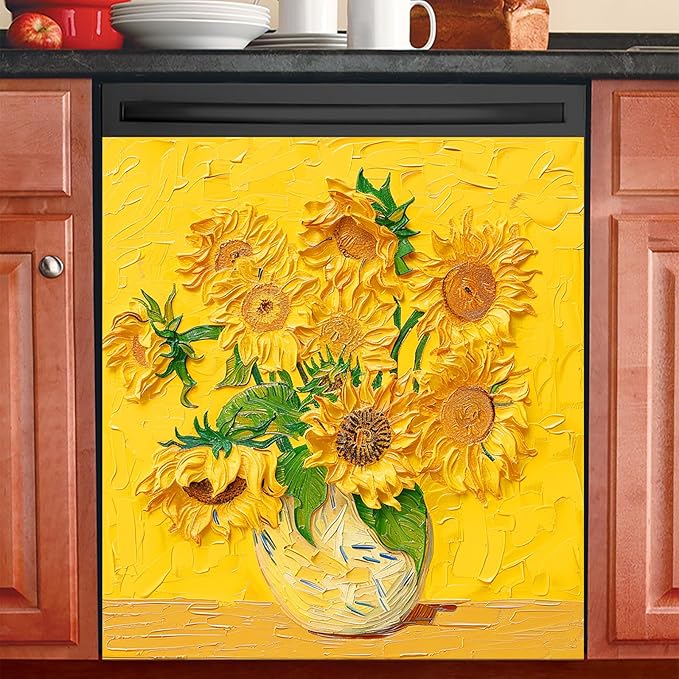 Dishwasher Magnet Cover 23x26 in Sunflower Oil Painting Yellow Art Dishwasher Cover for Kitchen Appliance Decoration Front Panel Sticker Rustic Art Skin Panel Home Decor Decal