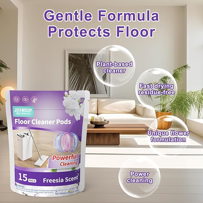 JOYMOOP Complete Floor Cleaning Bundle: Mop and Bucket Set with Wringer with 3 Washable Microfiber Pads and 15 Freesia Scented Cleaner Pods – Hands-Free Wet/Dry Floor Cleaning System
