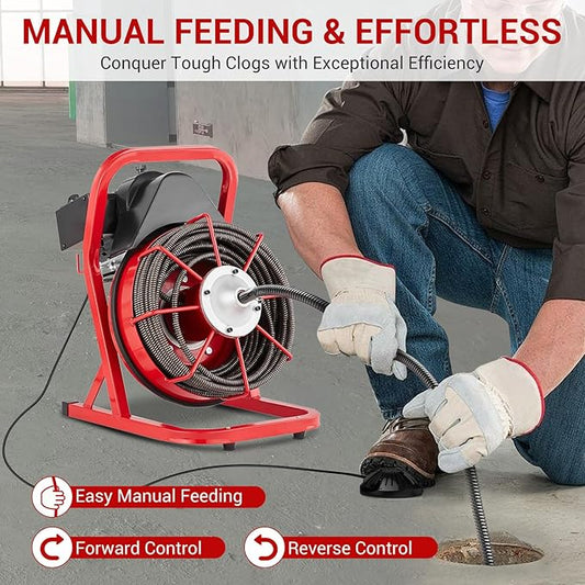 Drain Cleaner Machine, 75FT x 1/2 Inches Electric Drain Snake, 370W Auto Feed Sewer Snake Auger, Sewer Snake with 4 Cutters and Pneumatic Foot Switch, for 1" to 4" Pipes, High Armrests for Sinks