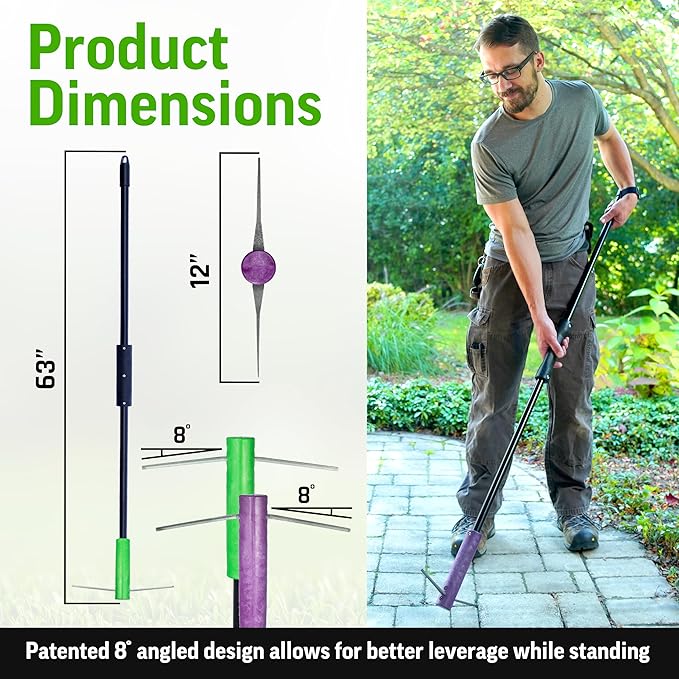 BICRACKIE Stand-Up Crack Weeding Tool with 60" Steel Pole; Steel Blade with 2-Sized, 5" Tapered Ends for Driveways, Patios, Sidewalks, Pavers to Remove Weeds Easily; Made in USA
