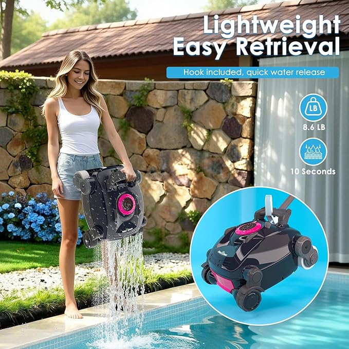 Cordless Robotic Pool Cleaner, Wall Climbing, Lightweight, Extended Battery Life, 8L Large Capacity, Advanced Dual-Motor, X1 Auto Pool Vacuum for Inground & Above Ground Pools Up to 1100 Sq.Ft, Pink