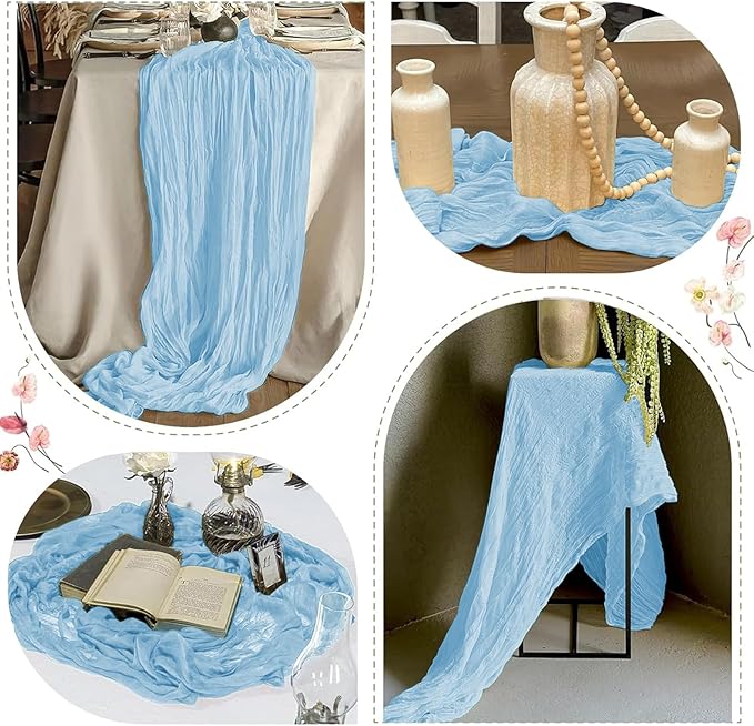 12 Pack Baby Blue Cheesecloth Table Runner 17 x 108 Inch Gauze Table Runner Fabric Semi Sheer Cheese Cloth Table Decor Bulk for Rustic Romantic Wedding Baby Shower Table Decoration