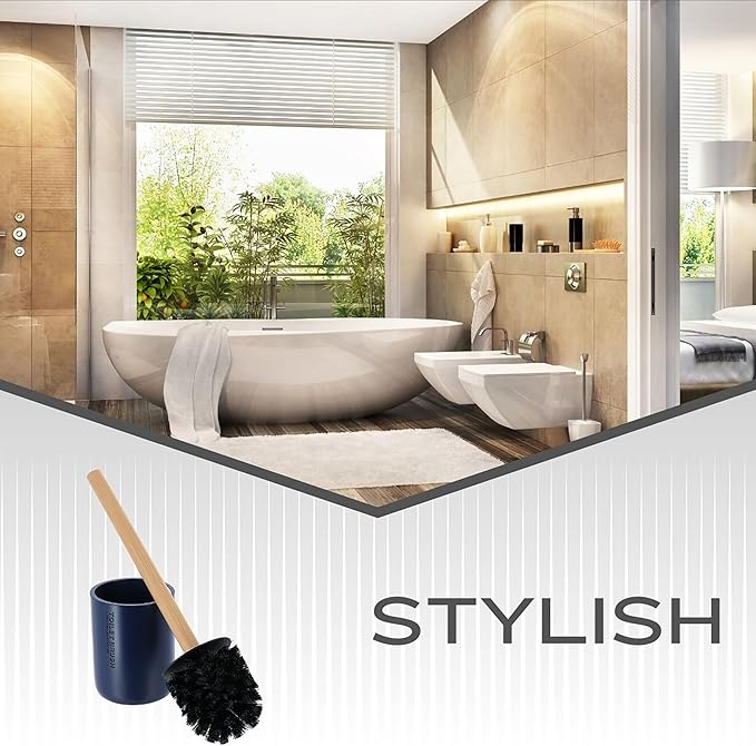 Compact Navy Blue Toilet Brush and Holder Set with Natural Bamboo Handle - Durable Toilet Bowl Brush for Deep Bathroom Cleaning