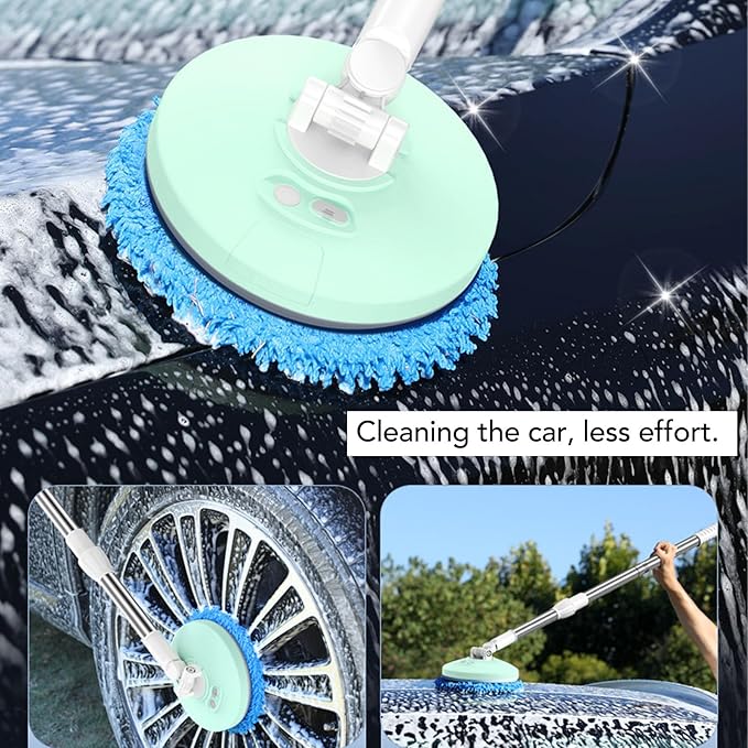 Electric Car Cleaning Brush, Telescopic Handle Cordless Cleaning Brush Scrubber Automatic Rotating Car Wash Brush Mop Cleaning Tool for Home Car Glass Tile Floor (Green)