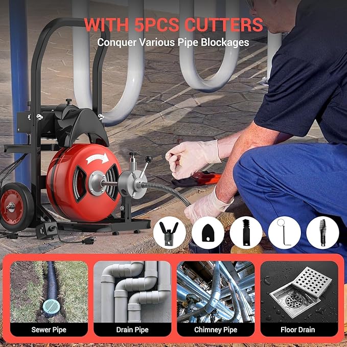 100Ft 1/2 Inch Drain Cleaning Machine, 450W Portable Drain Cleaning Machine Auto Feed Electric Sewer Snake, Electric Drain Auger with 6 Cutter Air-Activated Foot Switch for 2" to 4" Pipes