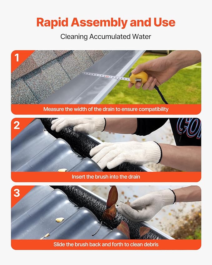 VEVOR Gutter Brush, 4.33 inch Diameter 15 Feet Total Length Gutter Cleaning Tools, Ground-Level Brush Leaf Guard for 5 Inch Gutters, Easily Clear Roof Leaves and Debris, 5 Pack