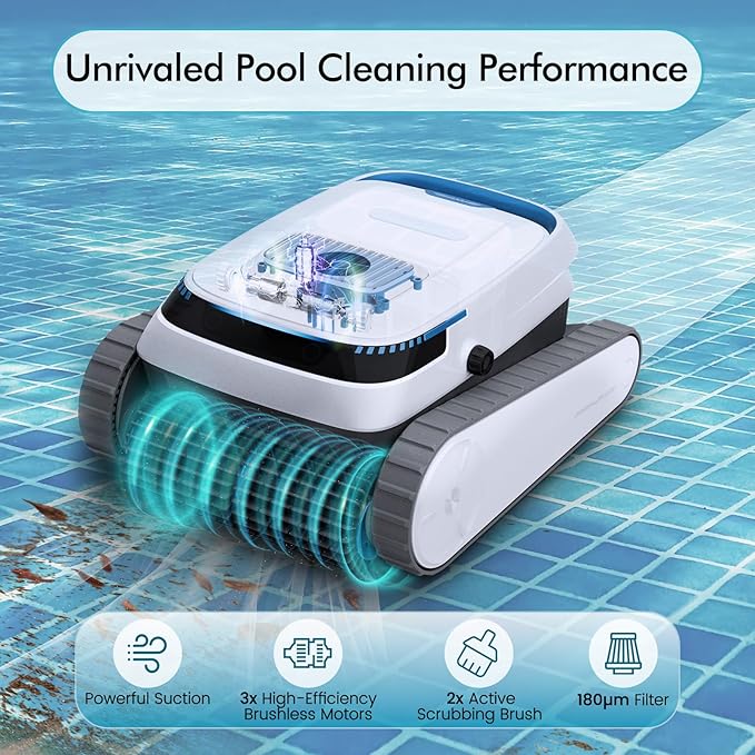 Pool Vacuum for Inground Pools, 45,000Pa Power, Smart Navigation, Cordless Robotic Pool Cleaner for Pool Floor, Wall & Waterline, 120min Runtime, Suitable for Inground and Above Ground Pools