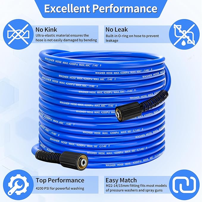 Pressure Power Washer Hose 25 FT x 1/4", Super Flexible Kink Resistant Car Washer Replacement with M22 Fittings & 3/8" Quick Connect Adapters, 4200PSI