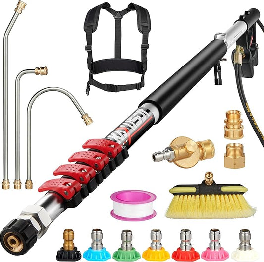 24FT Telescoping Pressure Washer Extension Wand, 𝟐𝟎𝟐𝟔 𝐔𝐩𝐠𝐫𝐚𝐝𝐞𝐝 High Power Washer Wand Extension Pole with Support Belt & 3 Wand, 7 Spray Nozzle Tips, 4000PSI, Gutter Cleaning Tools
