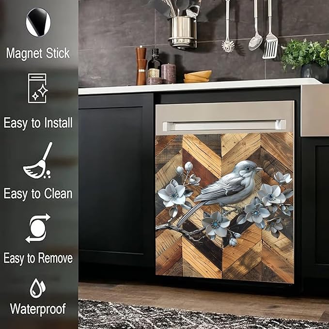 Stainless Steel Bird Flowers Dishwasher Magnet Cover for Home Appliances, Vintage Wood Grain Magnet Refrigerator Panel Decal, Silver Metal Bird Magnetic Dishwasher Sticker 23" W x 26" H