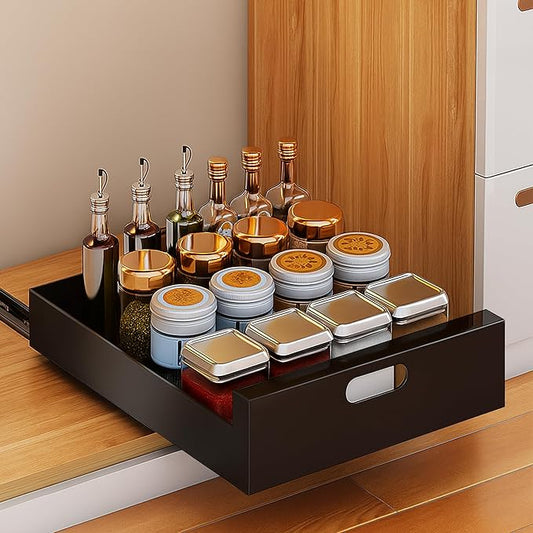 21'' Deep Pull Out Drawers for Cabinets, 10'' Wide Sturdy Carbon Steel Pull Out Cabinet Organizer Adhesive, Pantry Storage Shelves for Kitchen, Bathroom and Living Room