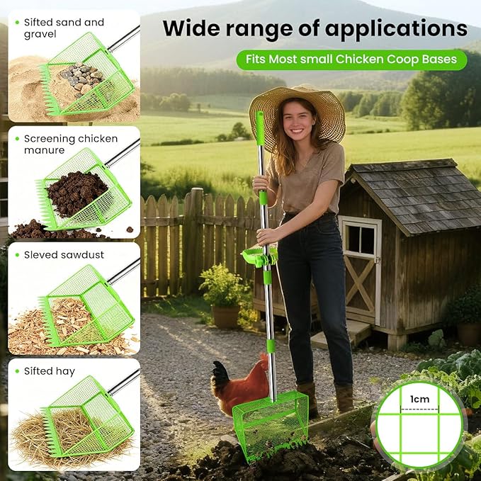 2026 Latest 12inch 2-in-1 Chicken Poop Scooper & Rake with Handle, Heavy-Duty Metal Chicken Coop Scoop for Sand Sifting Shovel Litter Scooper for Farm House Chicken Coop Cleaning Tools Accessories