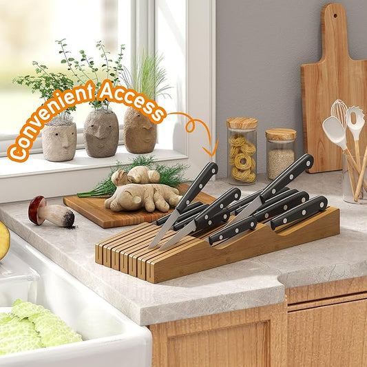 In-Drawer Knife Block Organizer - Bamboo Wood Drawer Knife Organizer-Protecting Knife Organizer Block (Not Included) (Brown, 13 Knives Dock)