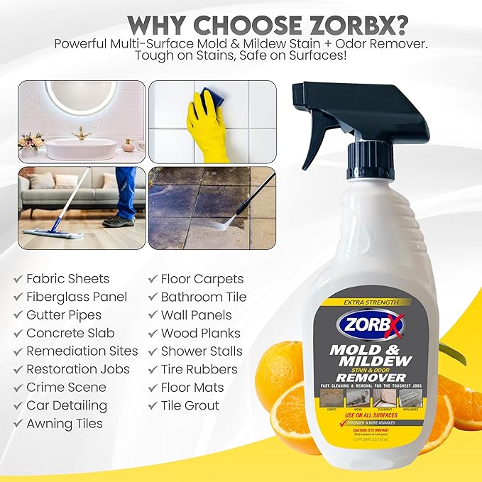 ZORBX Extra Strength Remover & Cleaner Spray 24 FL Oz ?€? Scrub Free Formula - Bleach Free Stain & Smell Eliminator for Shower, Bathroom, Ceiling, Carpet, Cars, Walls & Wood