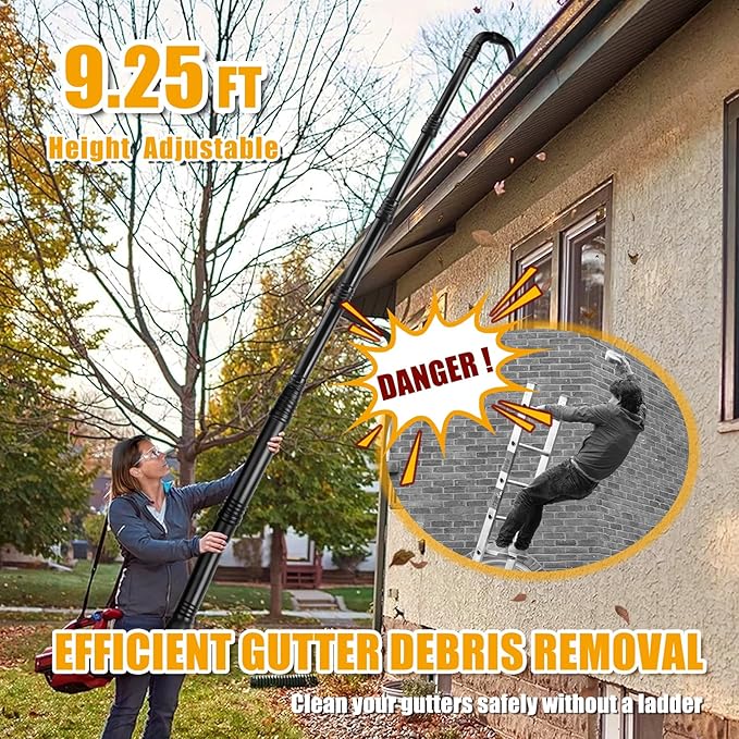Zipcase Gutter Cleaning Kit - 9.25 ft Safe, with 360° Adjustable Nozzle, Ground-Level Leaf Blower Gutter Attachment Compatible with EGO 530CFM / 580CFM / 575CFM / 650CFM/ 615CFM/LBX6000 Leaf Blowers