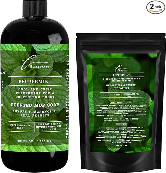 Lapew Peppermint Scented Cleaning Bundle | Carpet Deodorizer Powder (16 oz) & Mop Soap Concentrate (36 oz) | Pet-Friendly Odor Eliminator