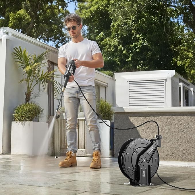 VEVOR Pressure Washer Hose Reel, 50 ft x 3/8 inch Retractable Power Heavy-Duty Steel Washer Hose Reel, 4000PSI Max, Auto-Rewinding, Flexible Wall/Floor Mounted for Car Washing,Garden,Floor Cleaning