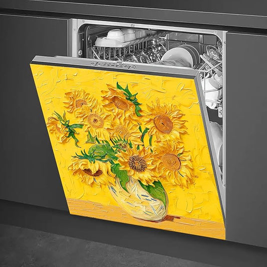 Dishwasher Magnet Cover 23x26 in Sunflower Oil Painting Yellow Art Dishwasher Cover for Kitchen Appliance Decoration Front Panel Sticker Rustic Art Skin Panel Home Decor Decal
