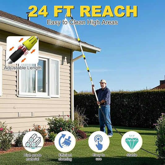 Buyplus 16FT(24FT Reach) Telescopic Gutter Cleaning Tools from The Ground, Rain Gutter Cleaners Tool with 360°Rotatable Metal Nozzle, Extension Pole, Hose Attachment, Watering Wand for Garden Hose