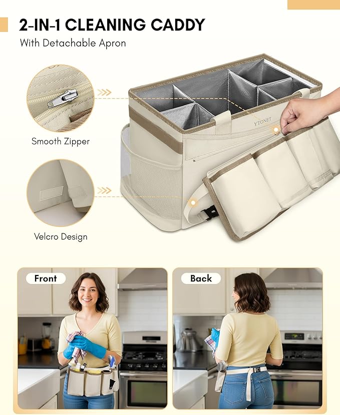 Ytonet Cleaning Caddy Bag with Detachable Apron, Extra Large Cleaning Supplies Organizer with Foldable Dividers, Portable Cleaner Tote with Handle, Cleaner Caddy for Kitchen, Detailing Bag, Apricot
