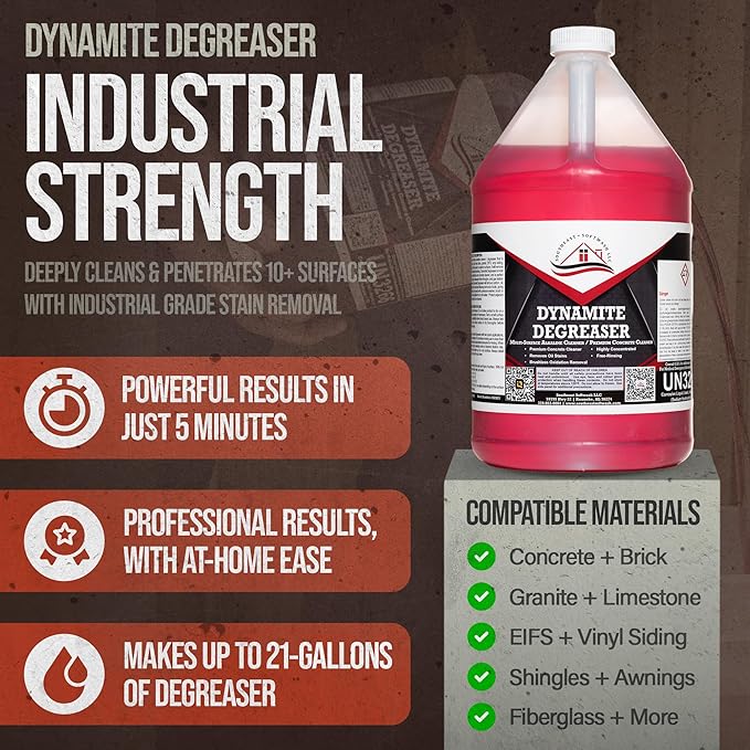 Dynamite Degreaser by Southeast Softwash | Heavy Duty Degreaser Cleaner for Oil and Grease | Driveway Cleaner for Concrete, Dumpster Pads, Gas Stations and Commercial Surfaces | 1 Gallon