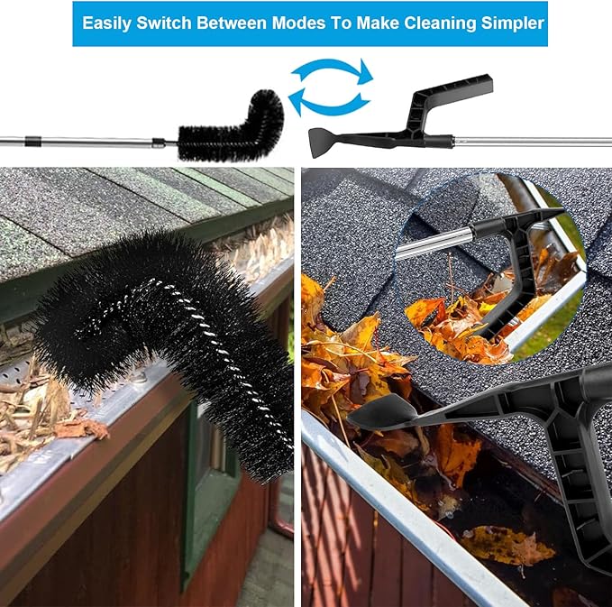 Gutter Cleaning Tools from Ground - 13FT Long Adjustable Gutter Cleaner with 2 Brushes Heads and Scoop, Rain Gutter Cleaning Tool for Easily Clear Roof Leaves and Debris