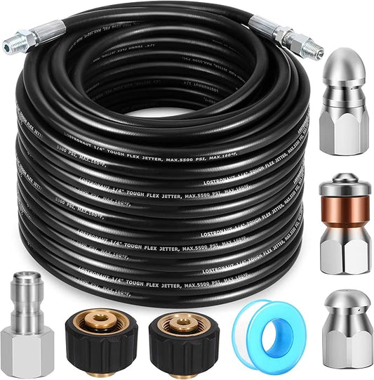 Sewer Jetter Kit - Drain Cleaner Tool Clog Remover Kit Includes Tough Flex Pressure Washer Hose and 7 High End Nozzles and Adapters for Ultimate Drain Jet 1/4'' NPT (50)