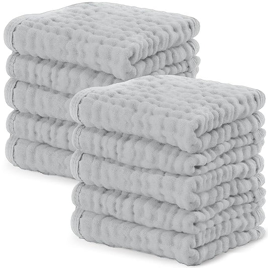 Comfy Cubs Muslin Baby Washcloths 10 Pack - Soft 6-Layer Cotton Wash Cloths for Sensitive Skin - 10"x10" Large, Gentle, Absorbent Infant Essentials for Newborn and Toddlers - Heather Blue