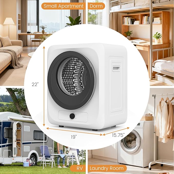 VCJ Portable Clothes Dryer for Apartment, 1.5 Cu.ft Compact Mini Electric Dryer with 5 Drying Modes, Stainless Steel Tub, Simple Knob Control, Dryer Machine for Dorm, RV, Small Space