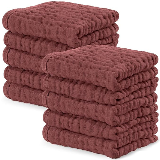 Comfy Cubs Muslin Baby Washcloths 10 Pack - Soft 6-Layer Cotton Wash Cloths for Sensitive Skin - 10"x10" Large, Gentle, Absorbent Infant Essentials for Newborn and Toddlers - Wine