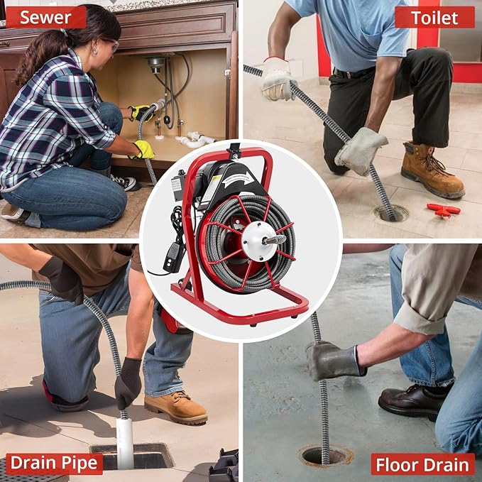 75Ft x 3/8Inch Drain Cleaner Machine, Portable Electric Drain Auger Cleaner with 6 Cutters & Gloves, Drain Cleaning Machine Fits 1" to 4" Pipes