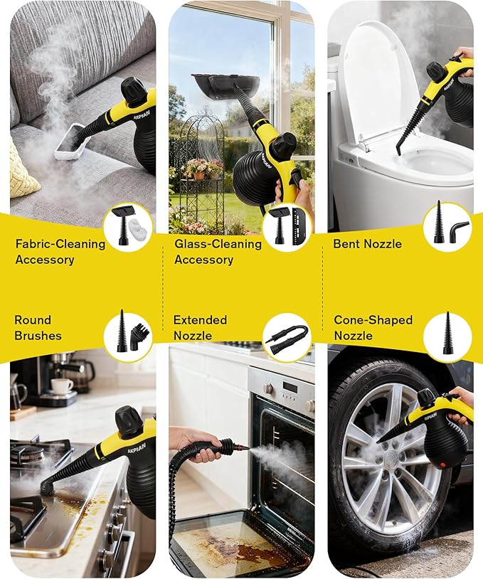 Handheld Steam Cleaner, 1050W Multipurpose Portable Steam Cleaner with 10 Accessories, Chemical-Free High Pressure Steamer for Tile, Grout, Floor, Kitchen, Bathroom, Car Interior, Windows