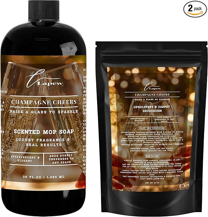 Lapew Champagne Cheers Scented Cleaning Bundle | Carpet Deodorizer Powder (16 oz) & Mop Soap Concentrate (36 oz) | Pet-Friendly Odor Eliminator