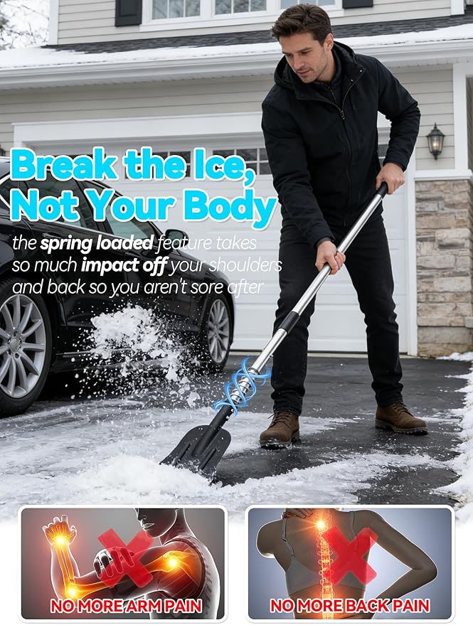 Driveway Ice Scraper, Spring-Loaded Shock-Absorb Ice Chopper for Sidewalk, Heavy Duty Ice Breaker Tool with 66" Long Handle, Serrated Blade for Cut Ice, Snow Removal, Floor Cleaning, Stainless Steel