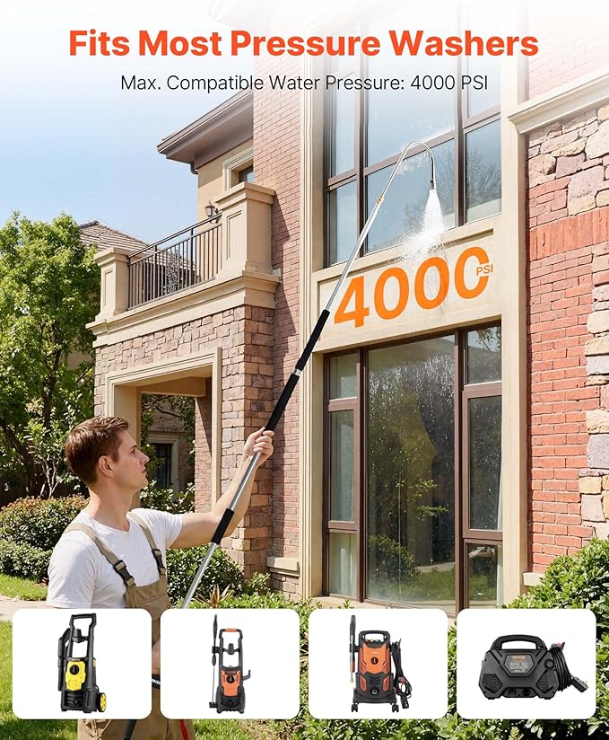 VEVOR 9 FT Pressure Washer Telescoping Wand, 3-Section with Power Washer Extension Wands, 7 Nozzles, Hose Adapter, Support Belt, Storage Bag, 4000 PSI Telescopic Gutter Cleaner for High Cleaning