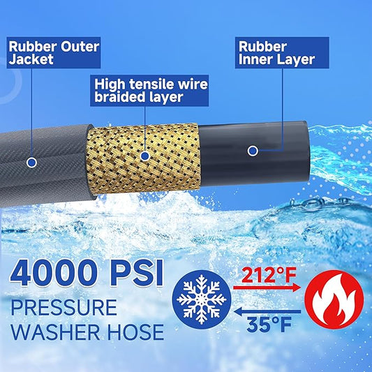 RIDGE WASHER Pressure Washer Hose 100 Feet X 3/8 Inch for Hot and Cold Water, Non Marking Gray Power Washer Hose, M22 14 mm to 3/8 Inch Quick Connect, 4000 PSI
