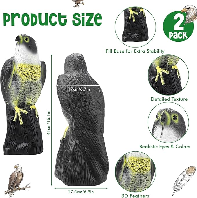2 Pack Bird Scarecrow Fake Horned Hawk Decoy, Outdoor Hawk Predator for Bird Repellent, Pest Control, Garden, Yard, Lawn, Patio