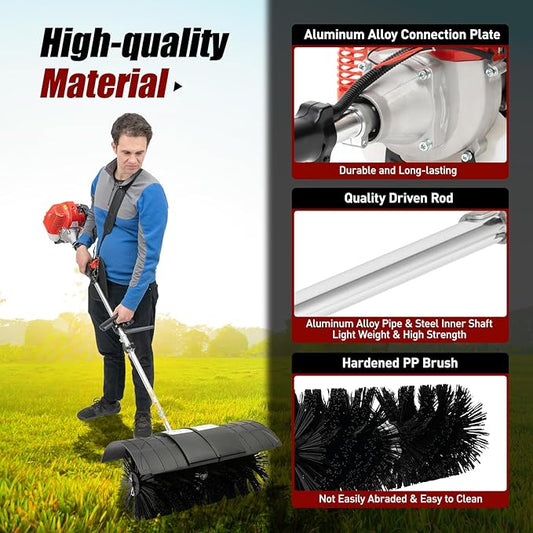52cc 2Stroke Gas Handheld Sweeper 2.3HP Engine Power Snow Sweeping Broom Walk Behind Sweeper Driveway Turf Lawns Artificial Grass Power Brush Lawn Sweeper Cleaner Tools